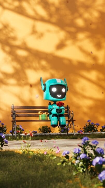 A little robot sitting on a bench in front of a yellow wall